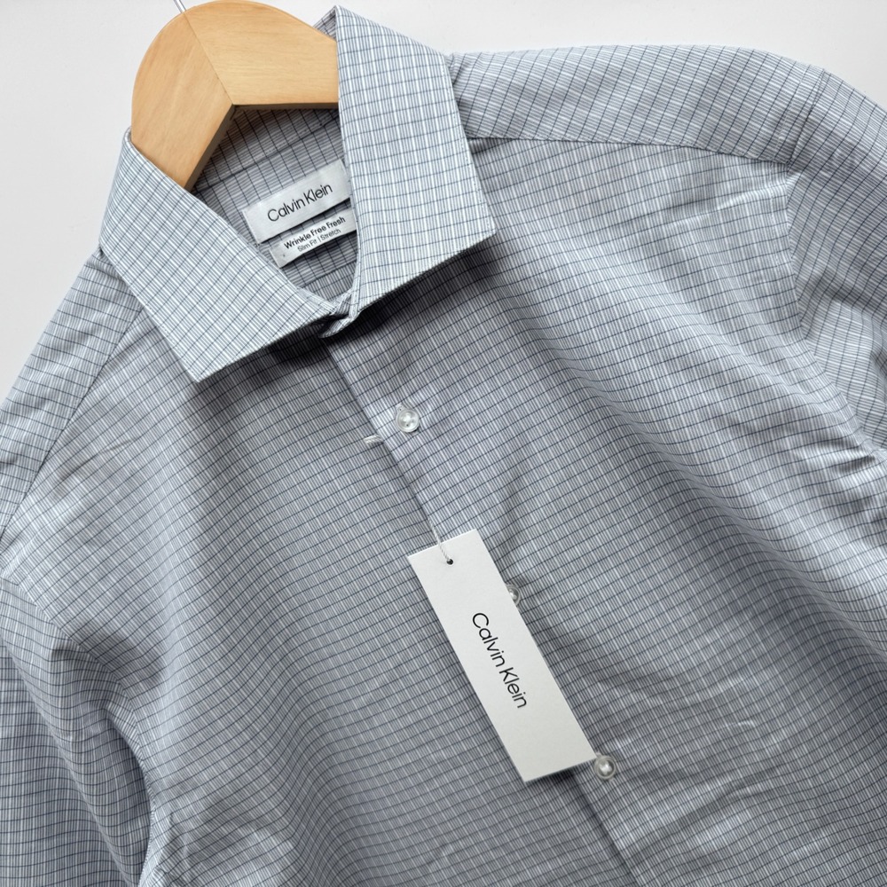 Calvin Klein Dress Shirt Mens M 15-15.5 Navy Slim Fit Wrinkle Free Stretch Grid